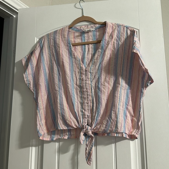 Striped Blouse with Front Tie - Picture 2 of 8